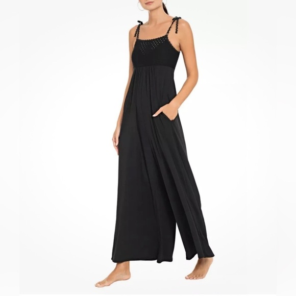 ROBIN PICCONE Chira Stretch Jersey Pant Jumpsuit Romper Small Black Lace CoverUp - Picture 2 of 12